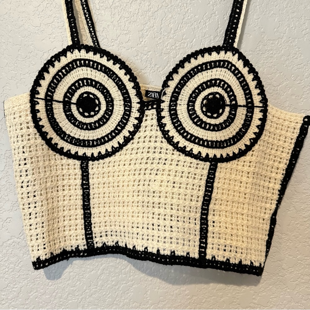 New Zara Crochet Corset Cream Black Top 1014/804 Medium Large - Picture 3 of 9